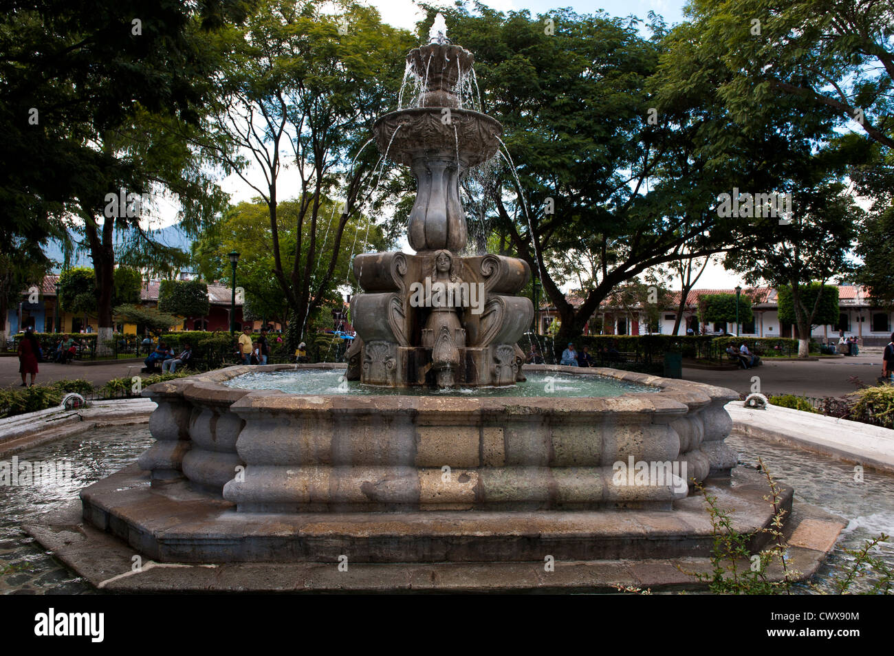 Central Park Fountain of the Mermaids in Antigua, Guatemala, UNESCO World Heritage Site. Stock Photo