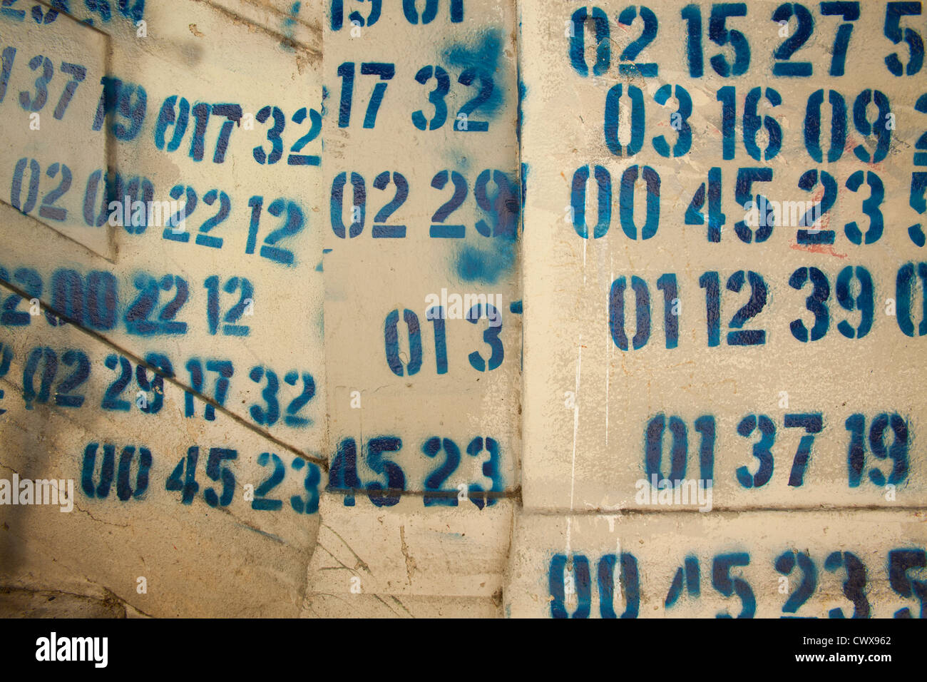 Numbers, stenciled on 4th Street Bridge, Los Angeles, California