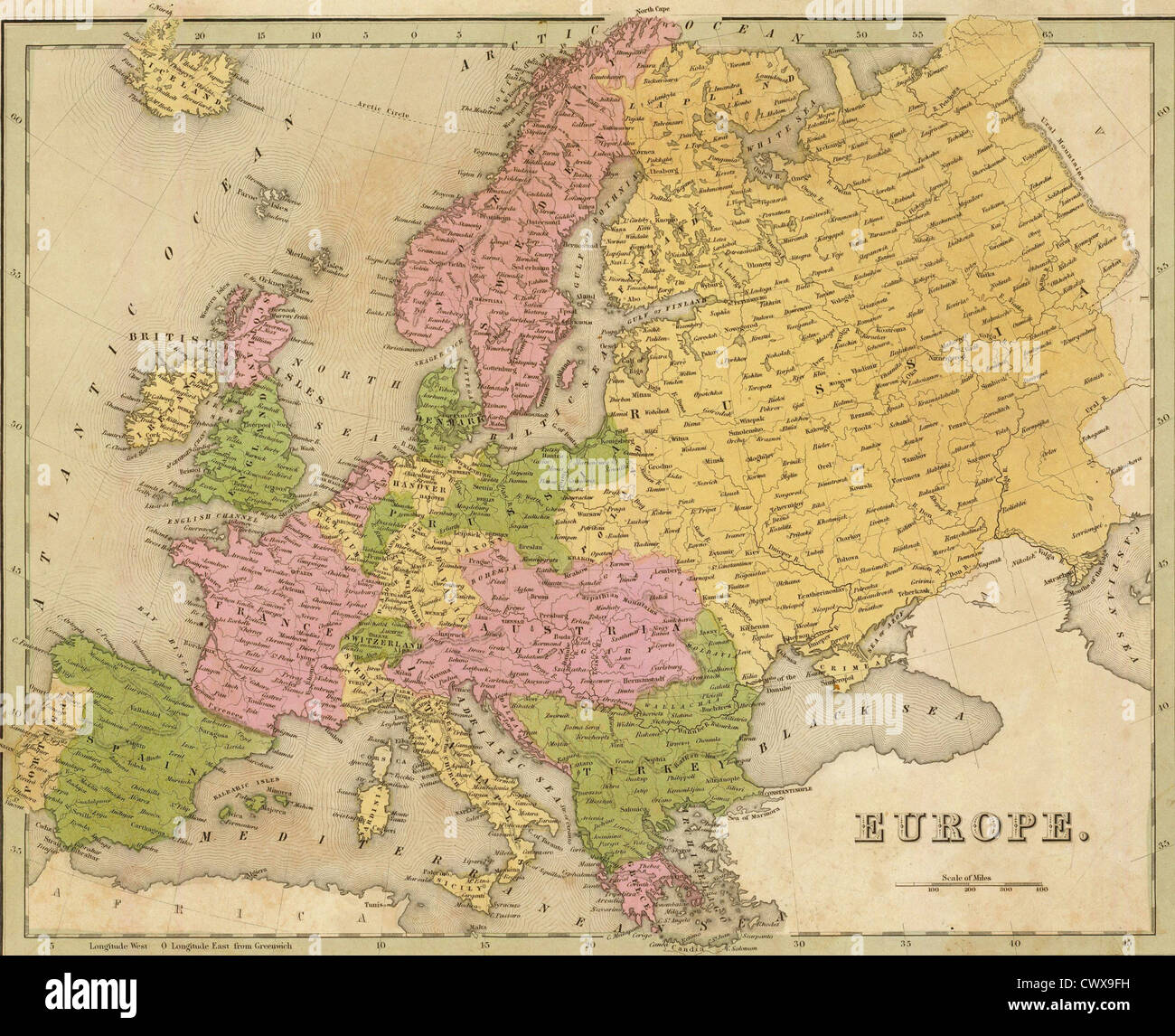 Antique map of Europe from the out of print 1841 Goodrich atlas  Stock Photo