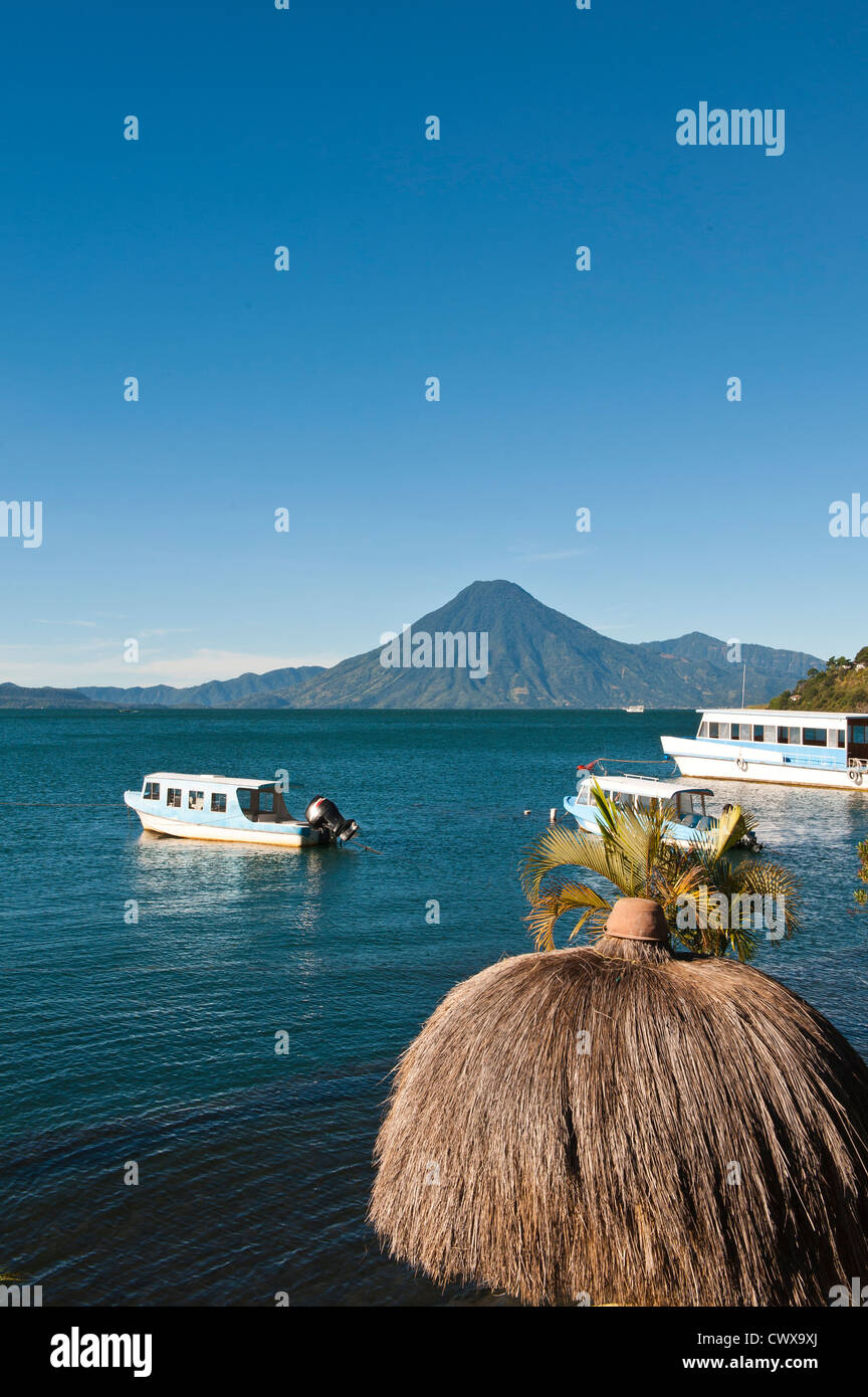 Toliman volcano and Lago de Atitlan, Lake Atitlan, from Hotel Atitlan, San Juan la Laguna, Guatemala. Stock Photo