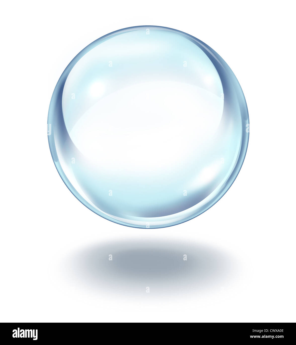 Crystal ball floating in the air as a transparent glass sphere on a white background with a shadow as a symbol of future visions and paranormal predictions of things to come in finances and personal fortune. Stock Photo