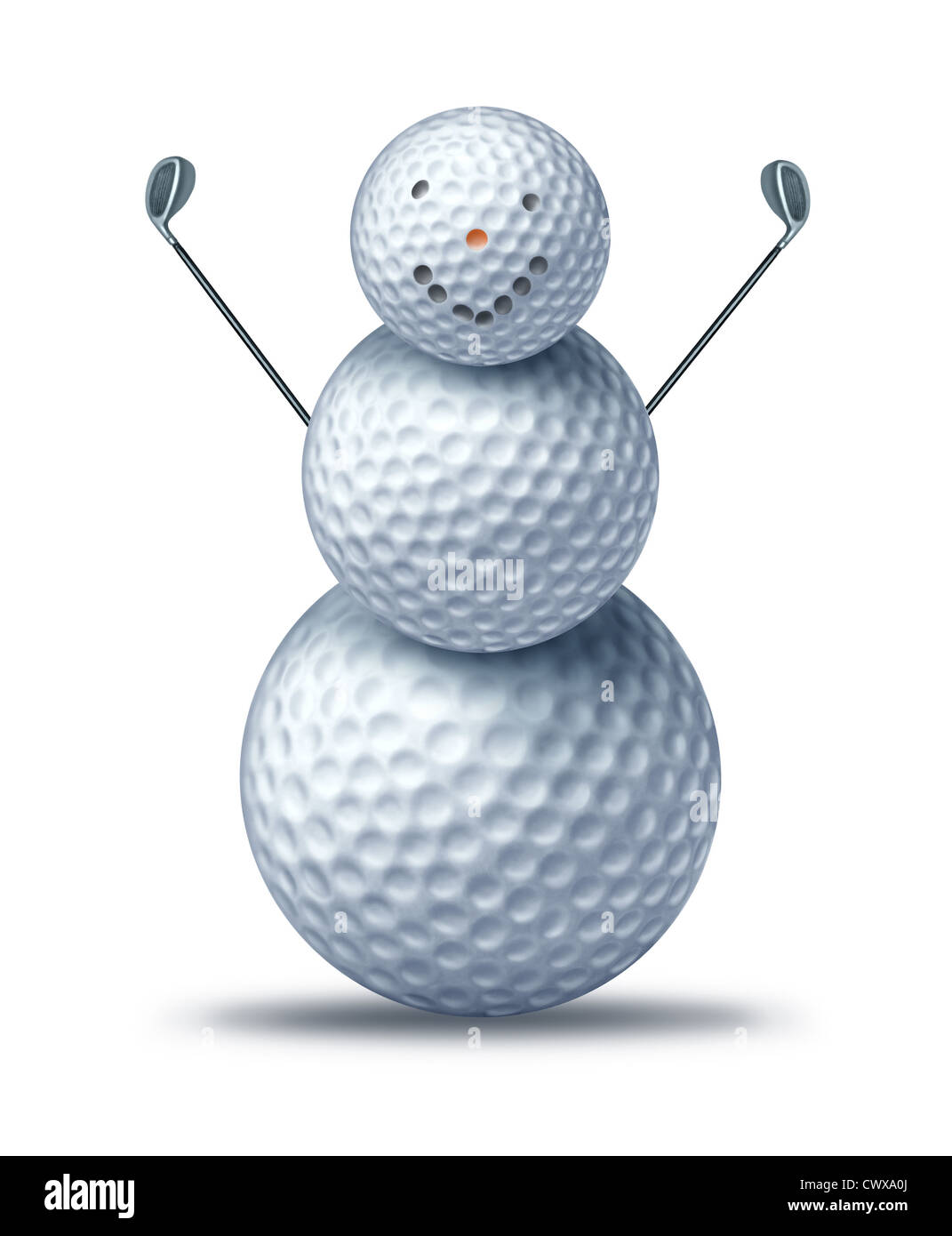 Winter golfing and holiday golf symbol represented by golf balls placed to look like a happy smiling snow man or snowman holding driver golf clubs showing winter holiday activities for seasonal sports leisure vacation at a resort. Stock Photo