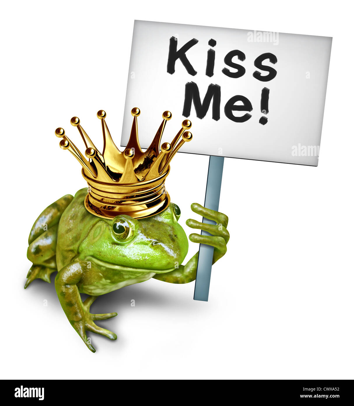 Looking for love by a green happy smiling amphibian frog prince with a gold crown holding a sign saying kiss me as a symbol of romantic dating and relationships for singles and lonely lovers seeking a mate or life partner. Stock Photo
