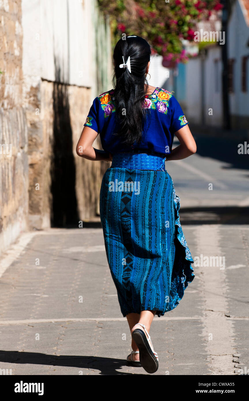 Mayan woman wearing traditional huipiles huipil blouse and corte skirt, Santiago Atitlan, lake lago atitlan guatemala. Stock Photo