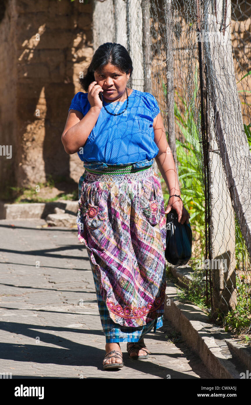 Mayan woman wearing traditional huipiles huipil blouse and corte skirt, Santiago Atitlan, lake lago atitlan guatemala. Stock Photo
