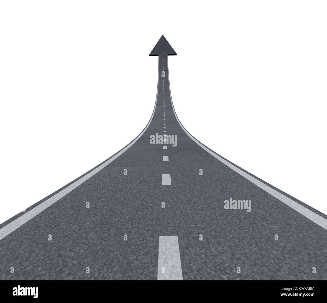 Road to financial success rise to the top and moving up with a sky is the limit symbol and a highway road rising up to the air with an arrow head pointing upward as a business successful concept. Stock Photo