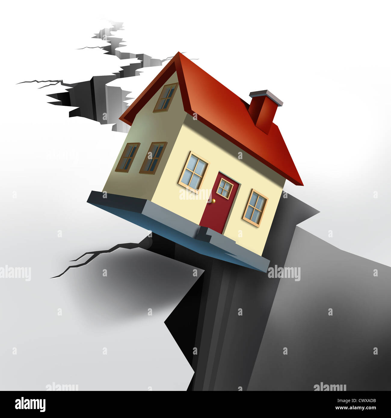 Falling real estate prices and housing market decline with earthquake cracked floor showing a huge hole in the ground and a model home that is descending and sinking into the black hole of debt and foreclosure. Stock Photo