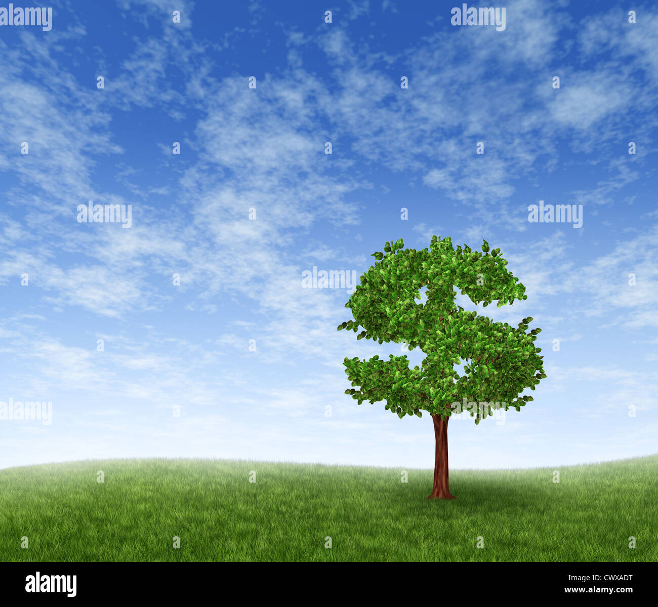 Financial growth and success on a green summer landscape with a single tree in the shape of a dollar sign on a rolling grass hill with a blue sky with clouds showing a business concept of growing prosperity and investments. Stock Photo