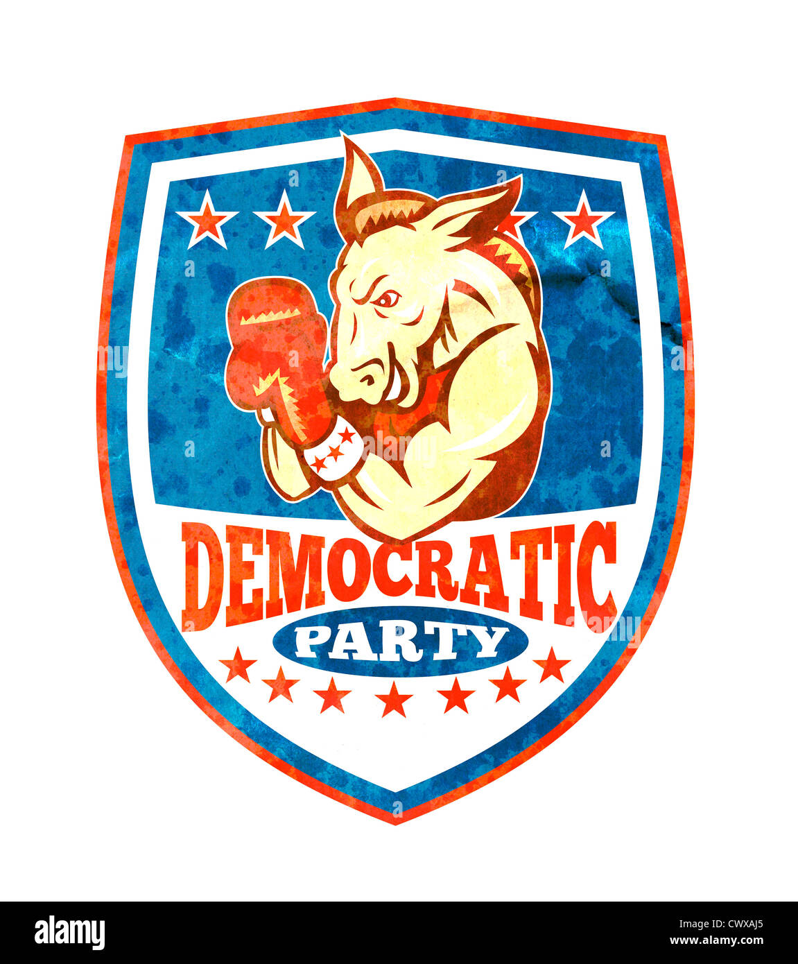 Illustration of a democrat donkey mascot of the democratic grand old party gop boxer boxing with gloves set inside shield Stock Photo