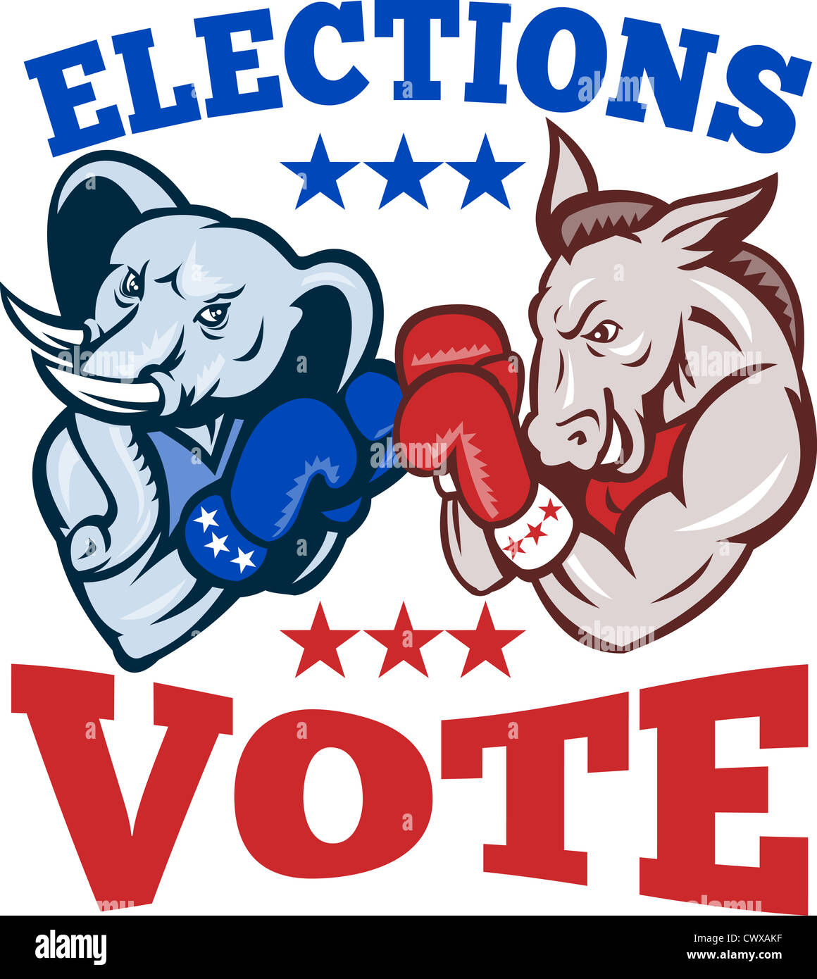 Illustration of a democrat donkey mascot of the democratic grand old party gop and republican elephant boxer boxing with gloves Stock Photo
