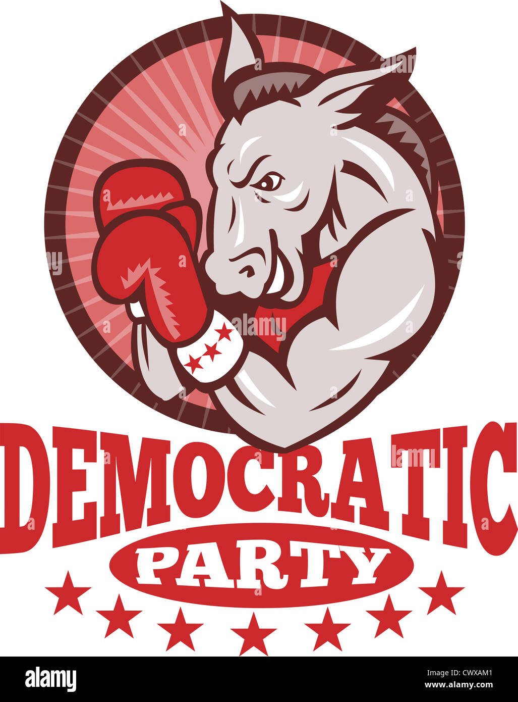 Illustration of a democrat donkey mascot of the democratic grand old party gop boxer boxing with gloves set inside circle Stock Photo