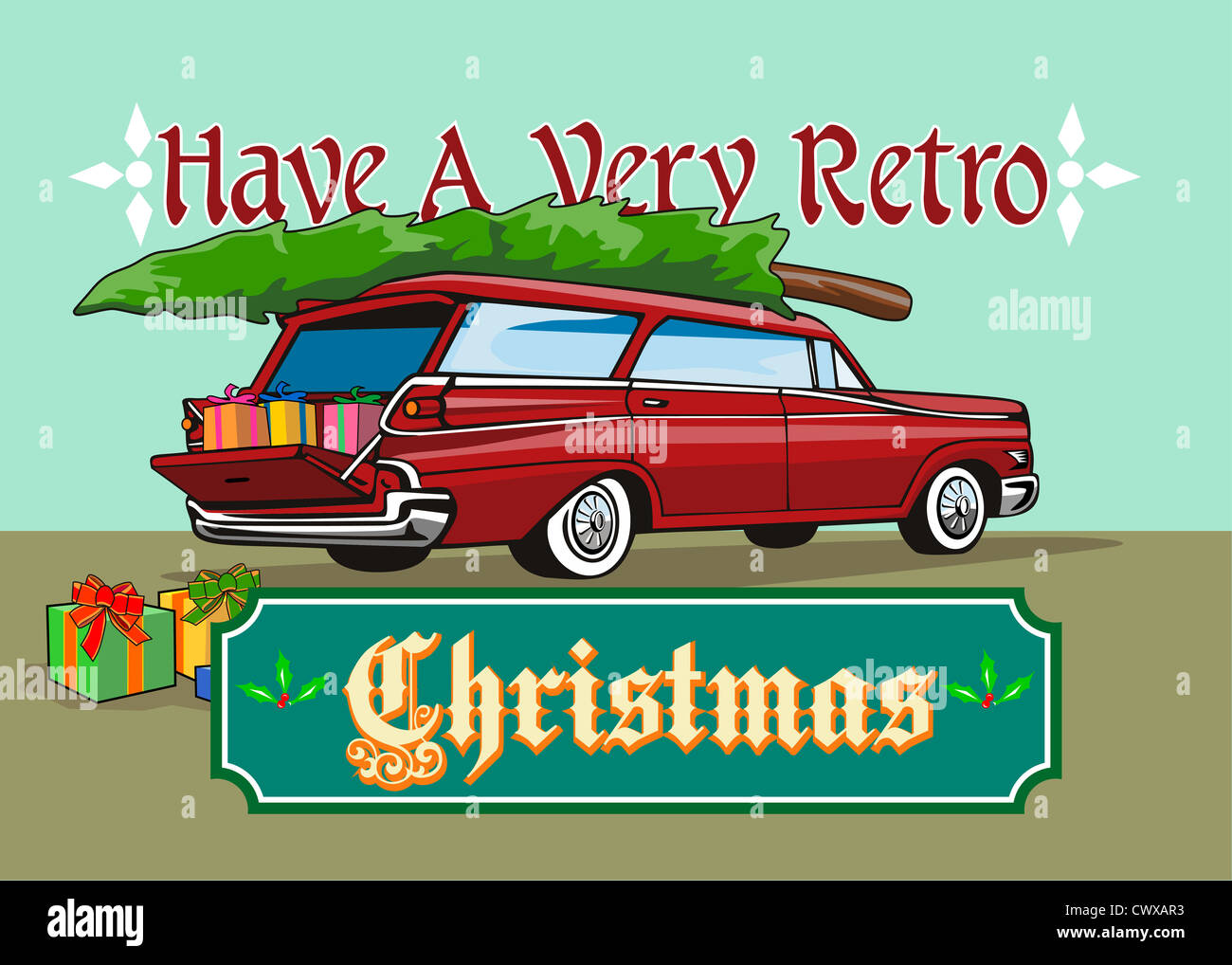 Greeting card poster illustration showing a christmas tree on top of vintage station wagon automobile with gifts presents Stock Photo