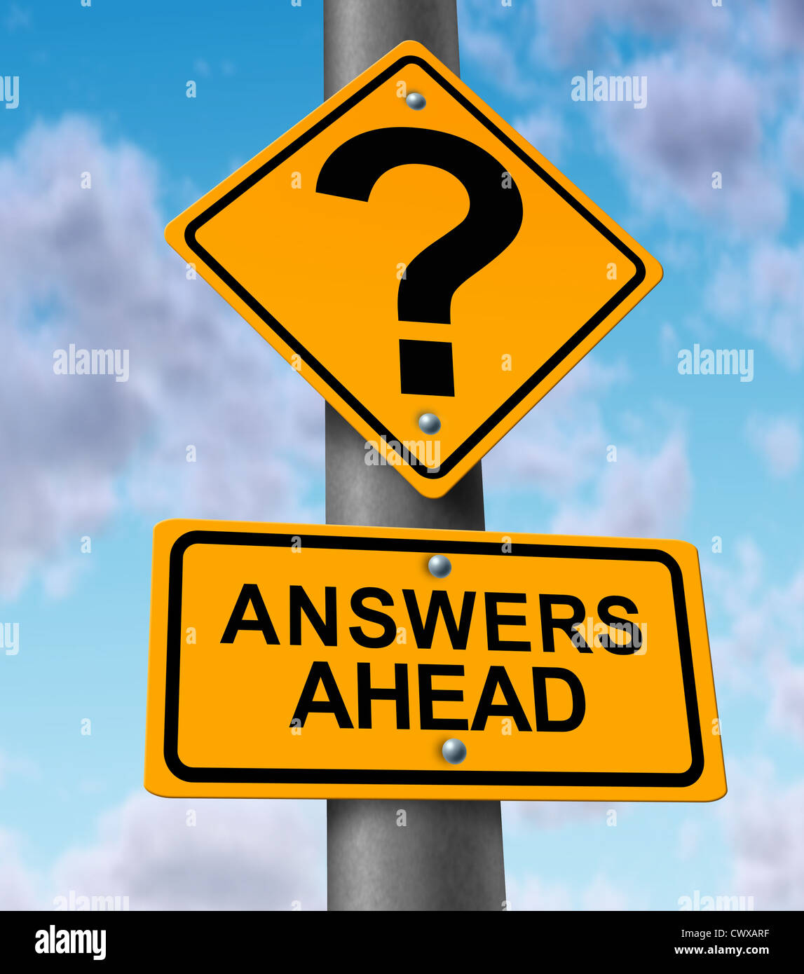 Answers ahead yellow road sign on a highway metal pole announcing solutions to questions for customer service helping and comunicating to the driving consumers the solving of problems and technical support by a team of helpful service providers. Stock Photo