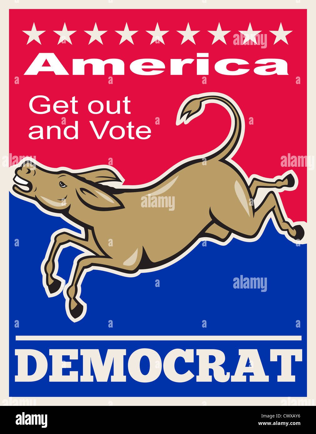 Poster illustration of a democrat donkey mascot of the democratic party jumping words 'America get out and vote Democrat' Stock Photo