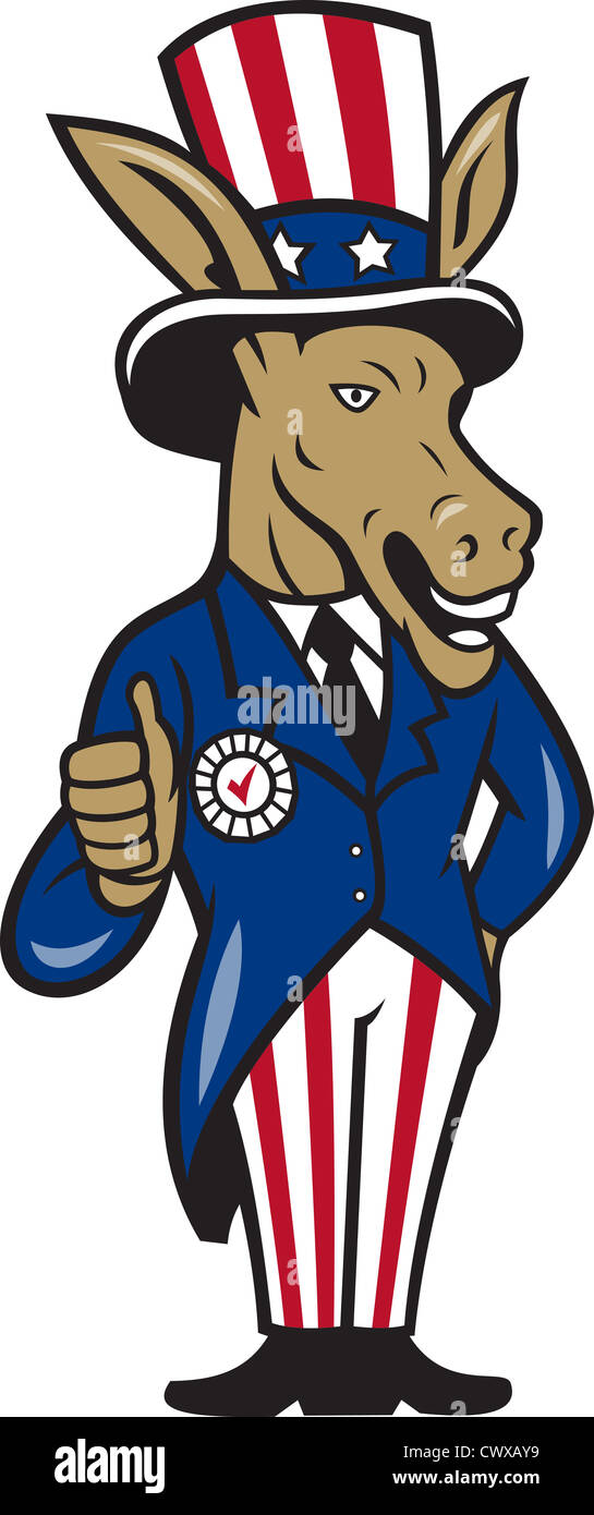 Illustration of a democrat donkey mascot of the democratic grand old party gop wearing hat showing thumbs up Stock Photo