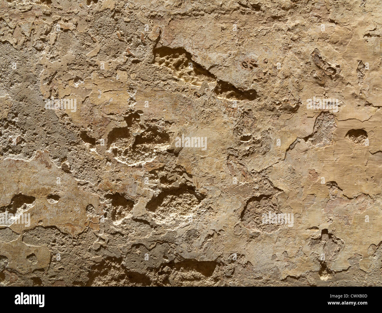 Close up of flaking plaster on vertical wall surface Stock Photo