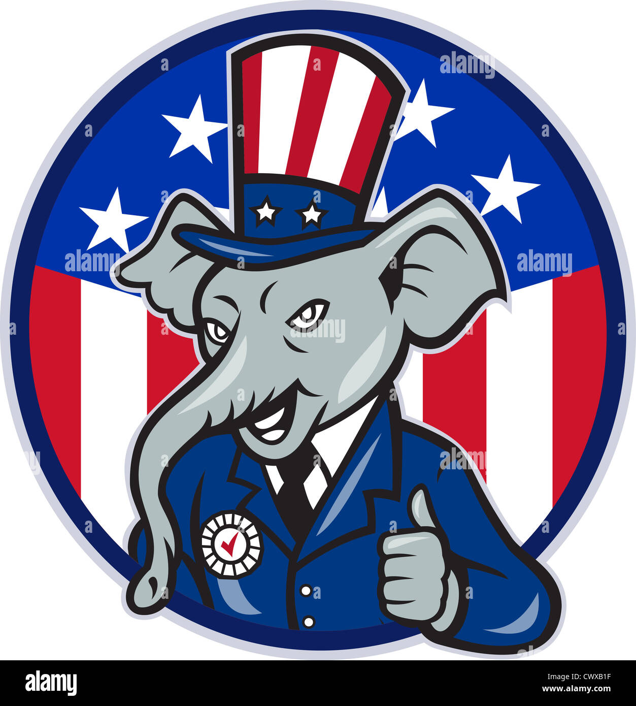 Illustration of a republican elephant mascot of the republican grand old party gop wearing hat and suit thumbs up Stock Photo