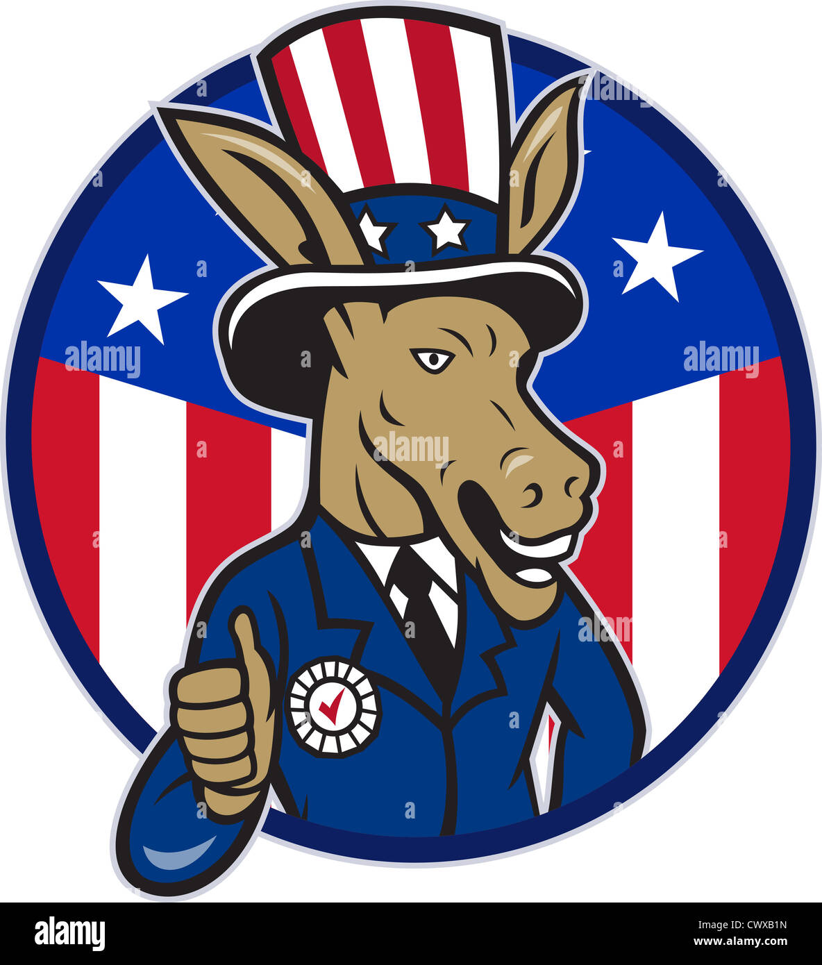 Illustration of a democrat donkey mascot of the democratic grand old party gop wearing hat and suit thumbs up Stock Photo