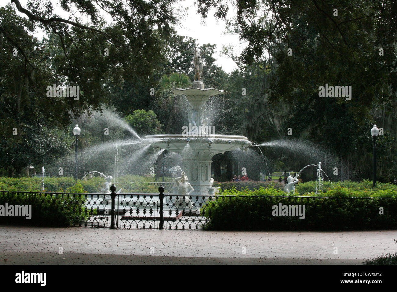 forsyth fountain water fountains savannah georgia ga historic architecture buildings marble stone statues Stock Photo