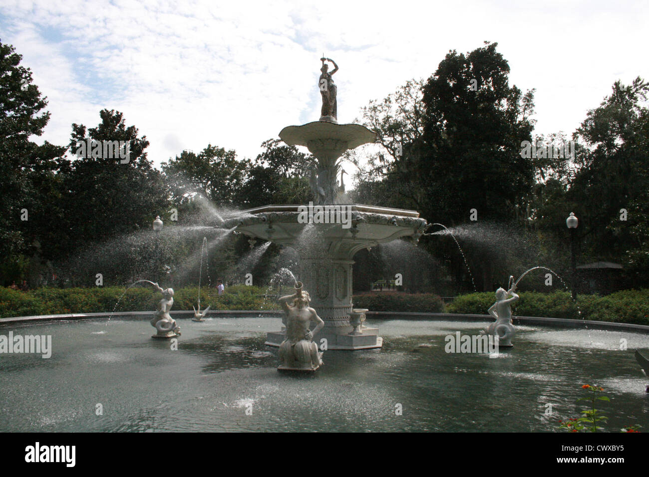 forsyth fountain water fountains savannah georgia ga historic architecture buildings marble stone statues Stock Photo