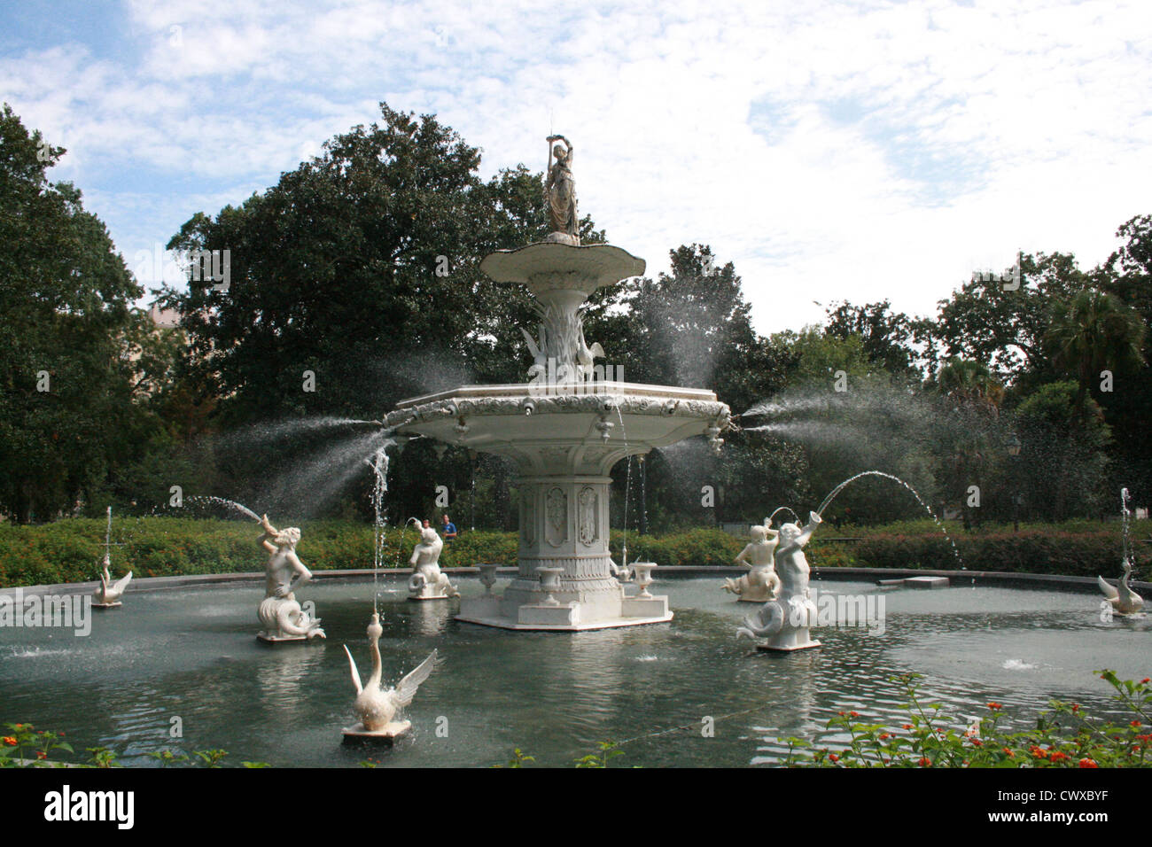 forsyth fountain water fountains savannah georgia ga historic architecture buildings marble stone statues Stock Photo