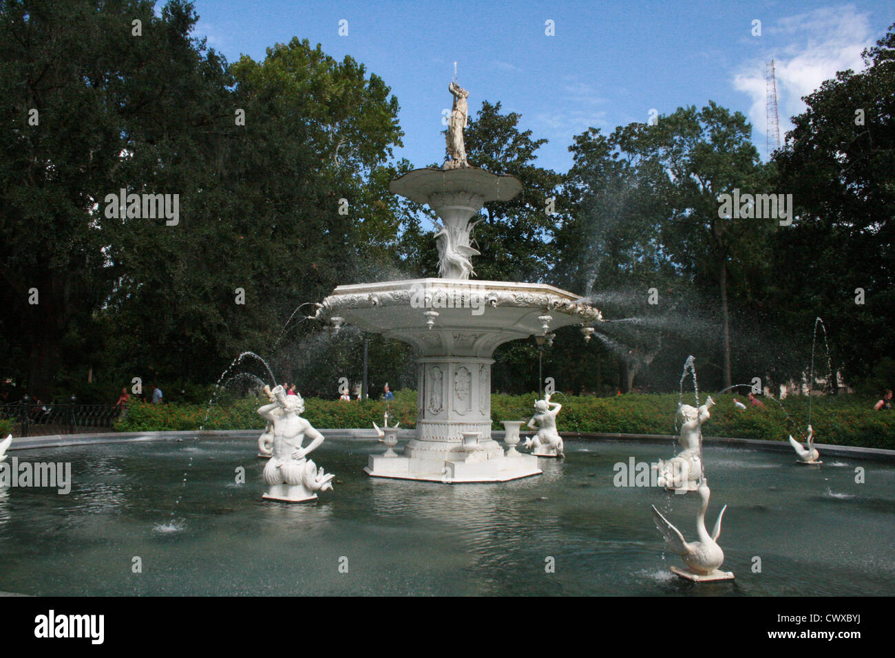 forsyth fountain water fountains savannah georgia ga historic architecture buildings marble stone statues Stock Photo