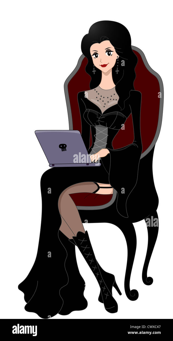 Illustration of a Woman Dressed in a Gothic Costume Using a Laptop Stock Photo