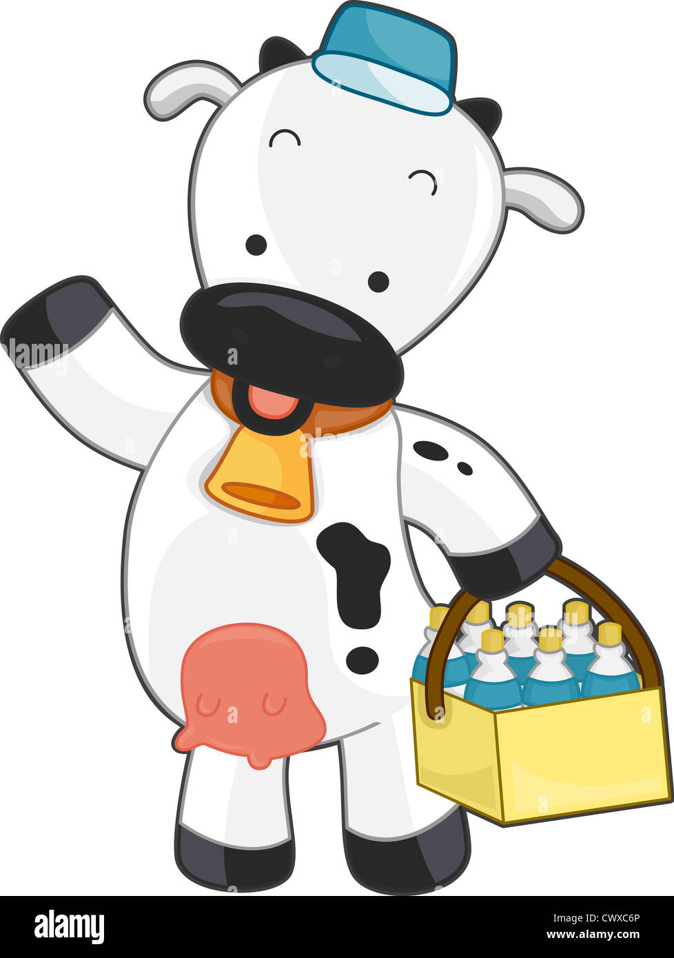 Illustration of a Delivery Cow Holding a Box Filled with Milk Bottles Stock Photo