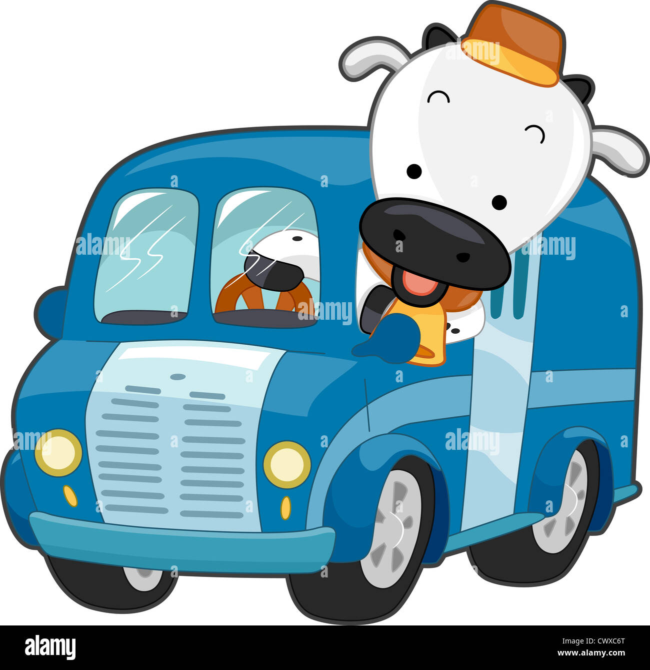 Illustration of a Happy Cow Driving a Milk Delivery Truck Stock Photo