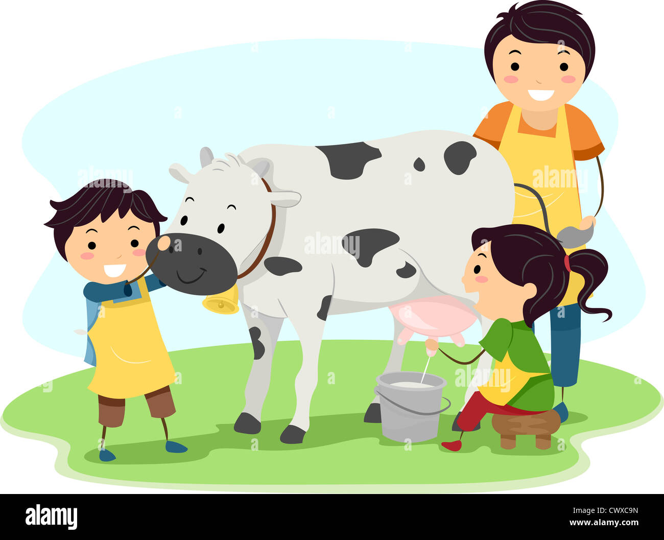 Illustration of Kids Happily Milking a Cow Stock Photo