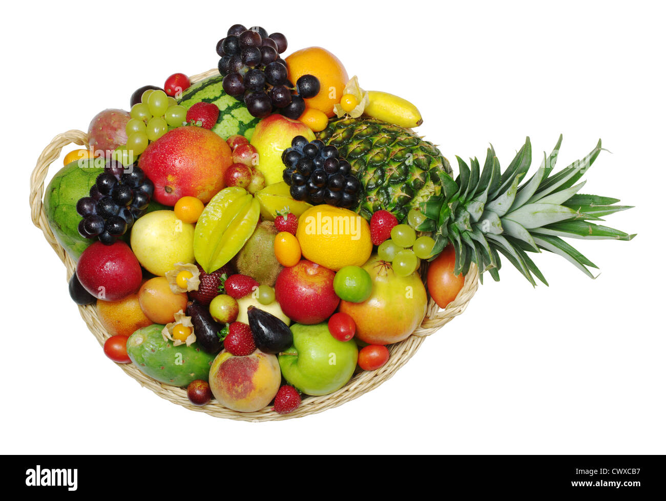 A big variety of exotic fruits in a basket photographed from top