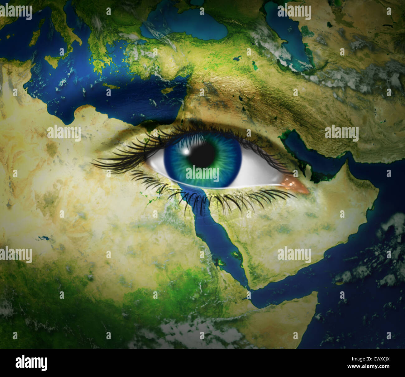 Middle East news and reporting events from arab hot spots of turmoil and revolution with map and human eye during the revolt of Stock Photo