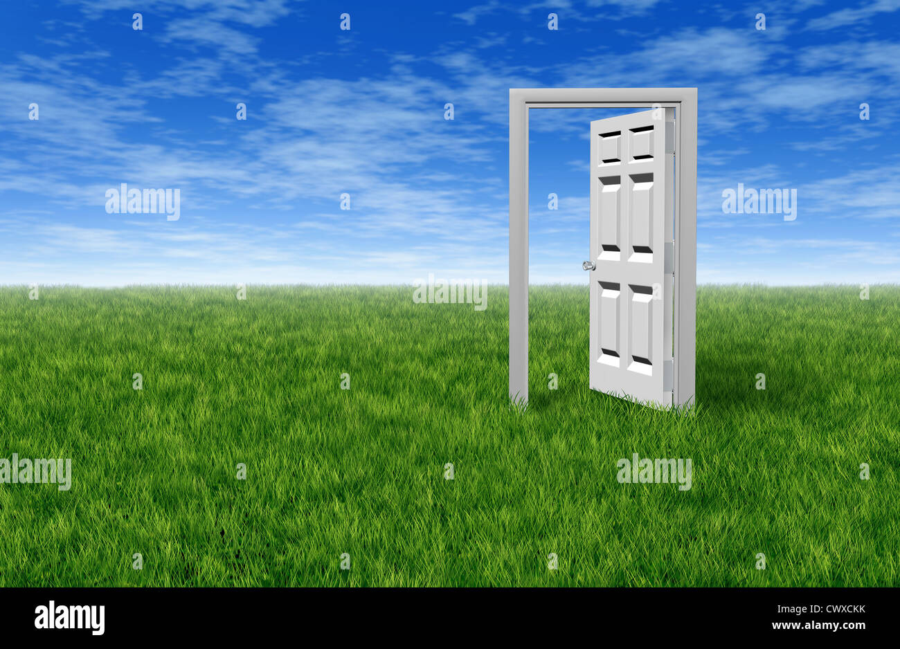 Door to opportunity with a grass field and an open door to success and freedom showing the entrance to hope and prosperity for business and family Stock Photo