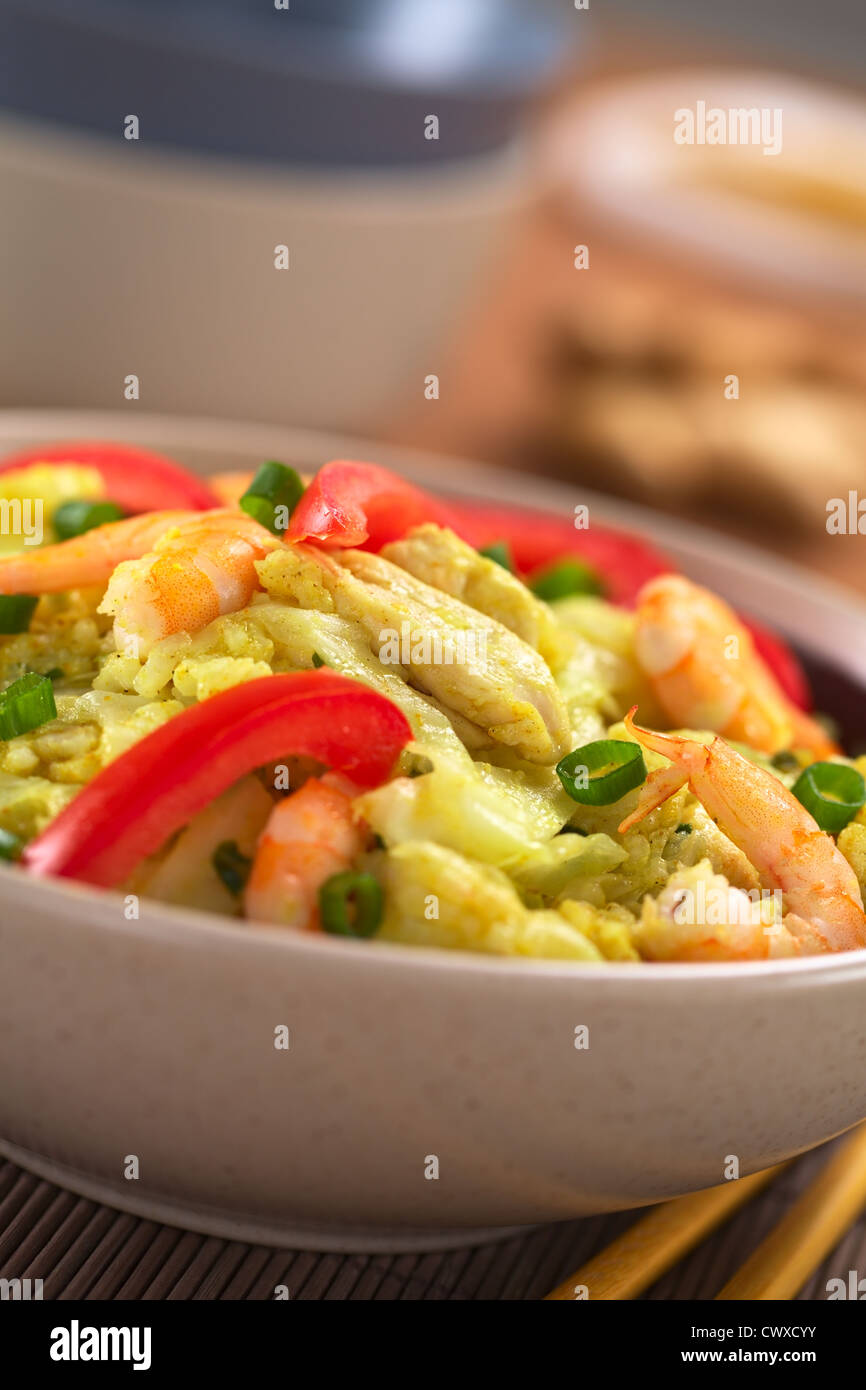Bowl of spicy rice dish with cabbage, chicken and shrimp, garnished