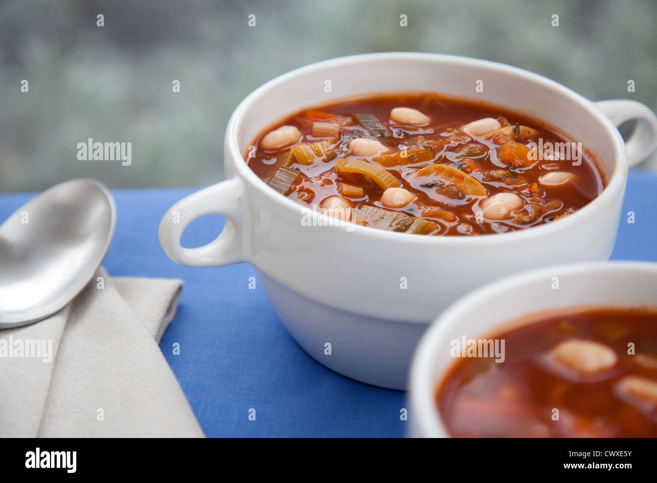 Hearty winter vegetable and white bean soup on a rainy afternoon Stock Photo