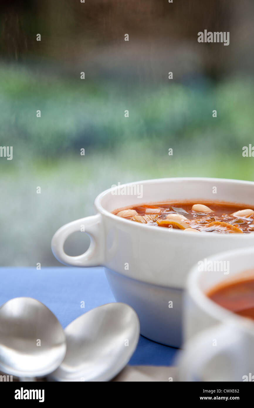Hearty winter vegetable and white bean soup on a rainy afternoon Stock Photo