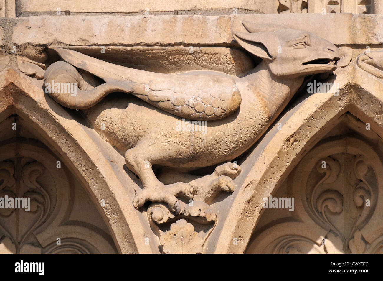 Paris, France. Notre Dame cathedral - facade detail. Carved stone bird Stock Photo