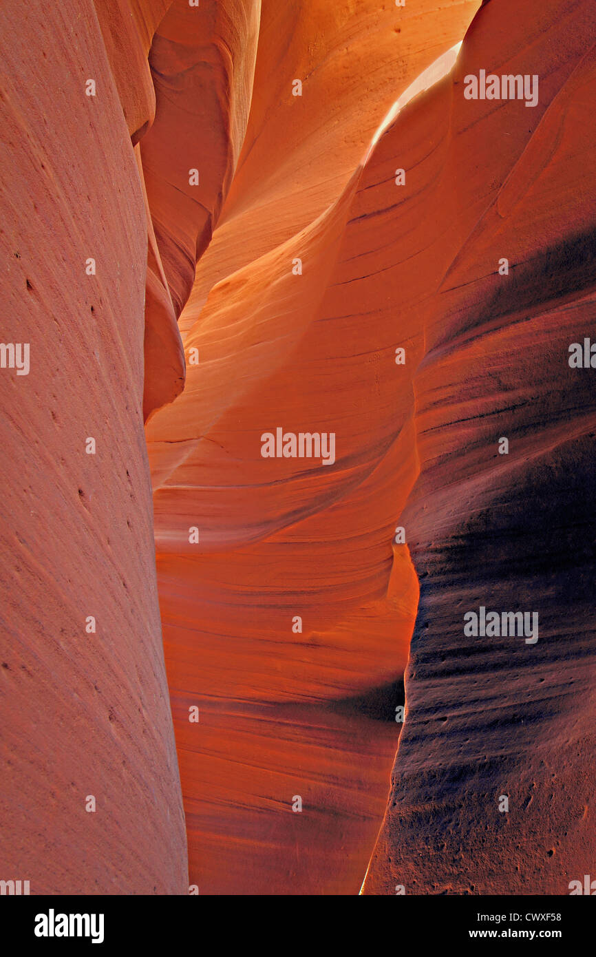 Curved orange layered walls of slot canyon seen from canyon floor Stock Photo