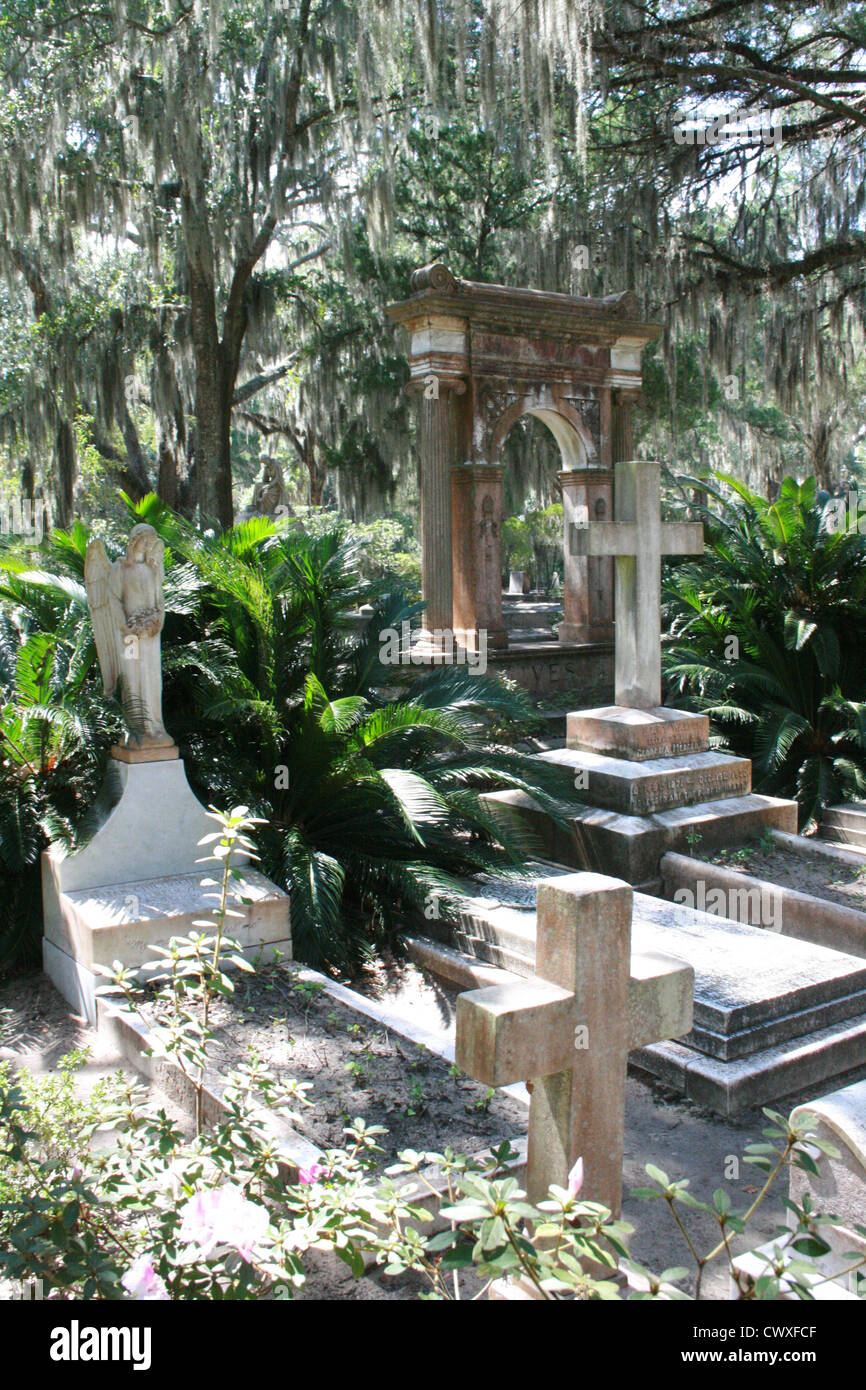 Savannah Georgia GA cemetary graveyard grave stone cross religious christian picture Stock Photo