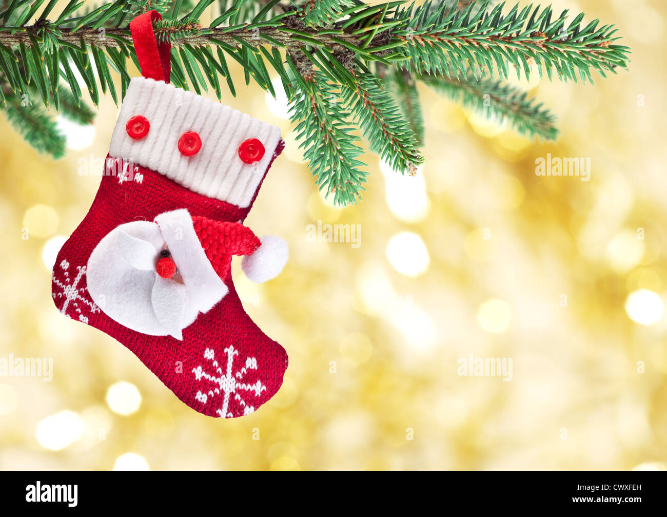 Christmas sock with Santa Claus on on fir branch. Stock Photo