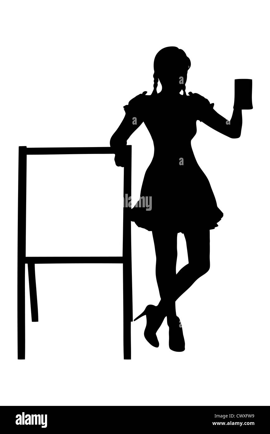 Silhouette of a bavarian woman holding a glass of beer next to a wooden board isolated on white background Stock Photo