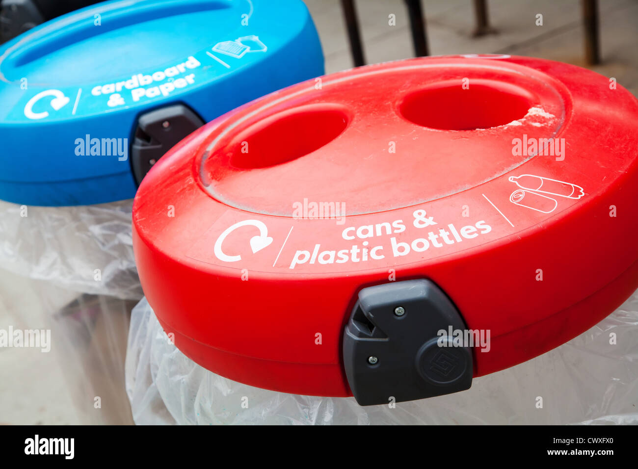 Recycling bins for cans, plastics and bottles Stock Photo