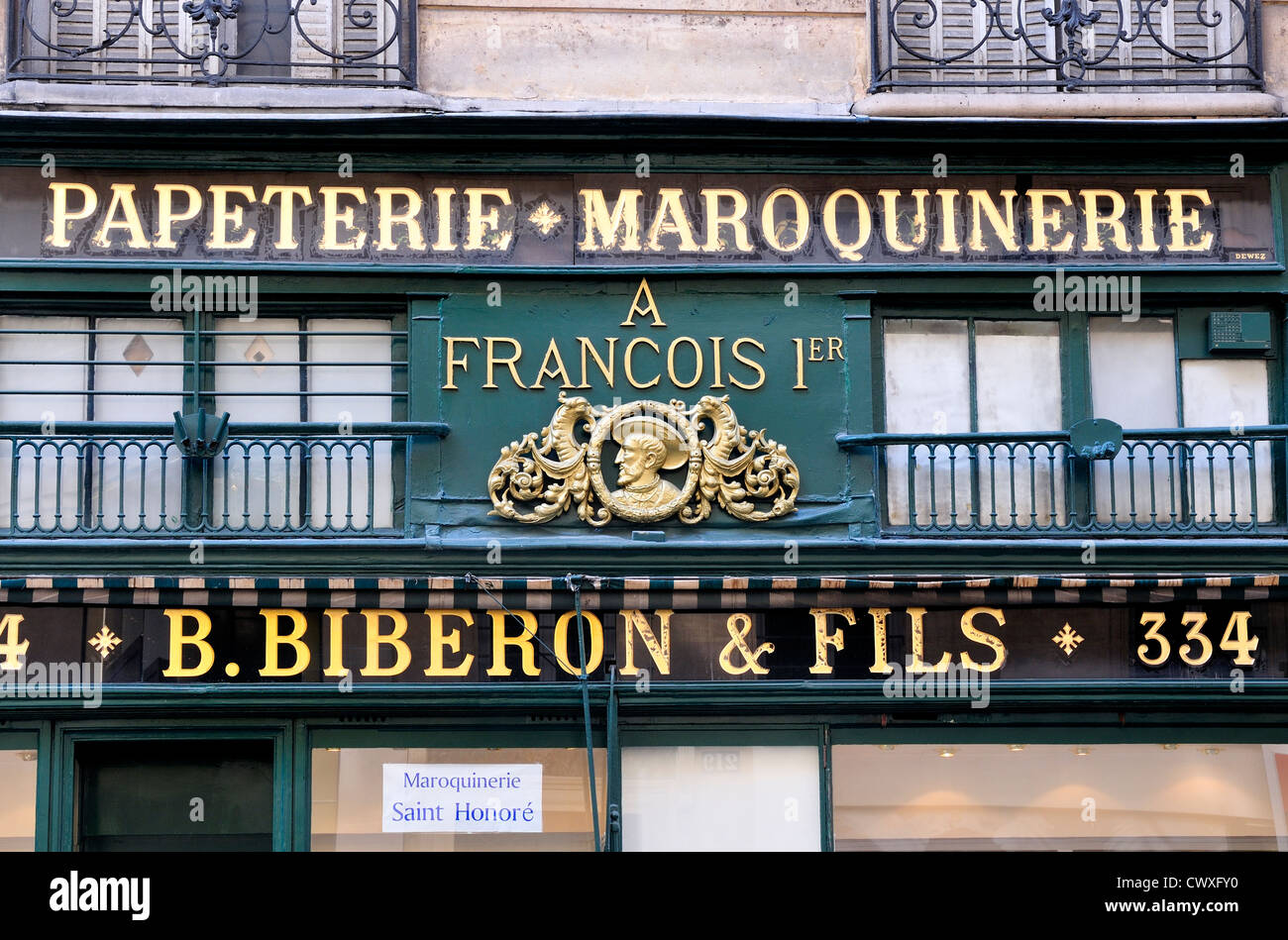 Paris, France. Papeterie / Maroquinerie in Rue St Honore. B Biberon et Fils / and Son Stock Photo