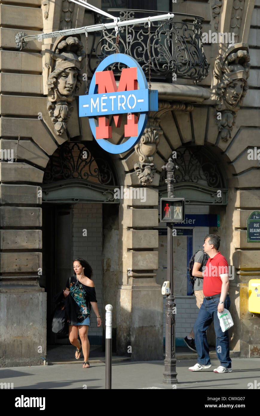 Paris, France. Sentier metro station - unique red and blue Metro sign. Only two signs of this design were ever made. The other.. Stock Photo