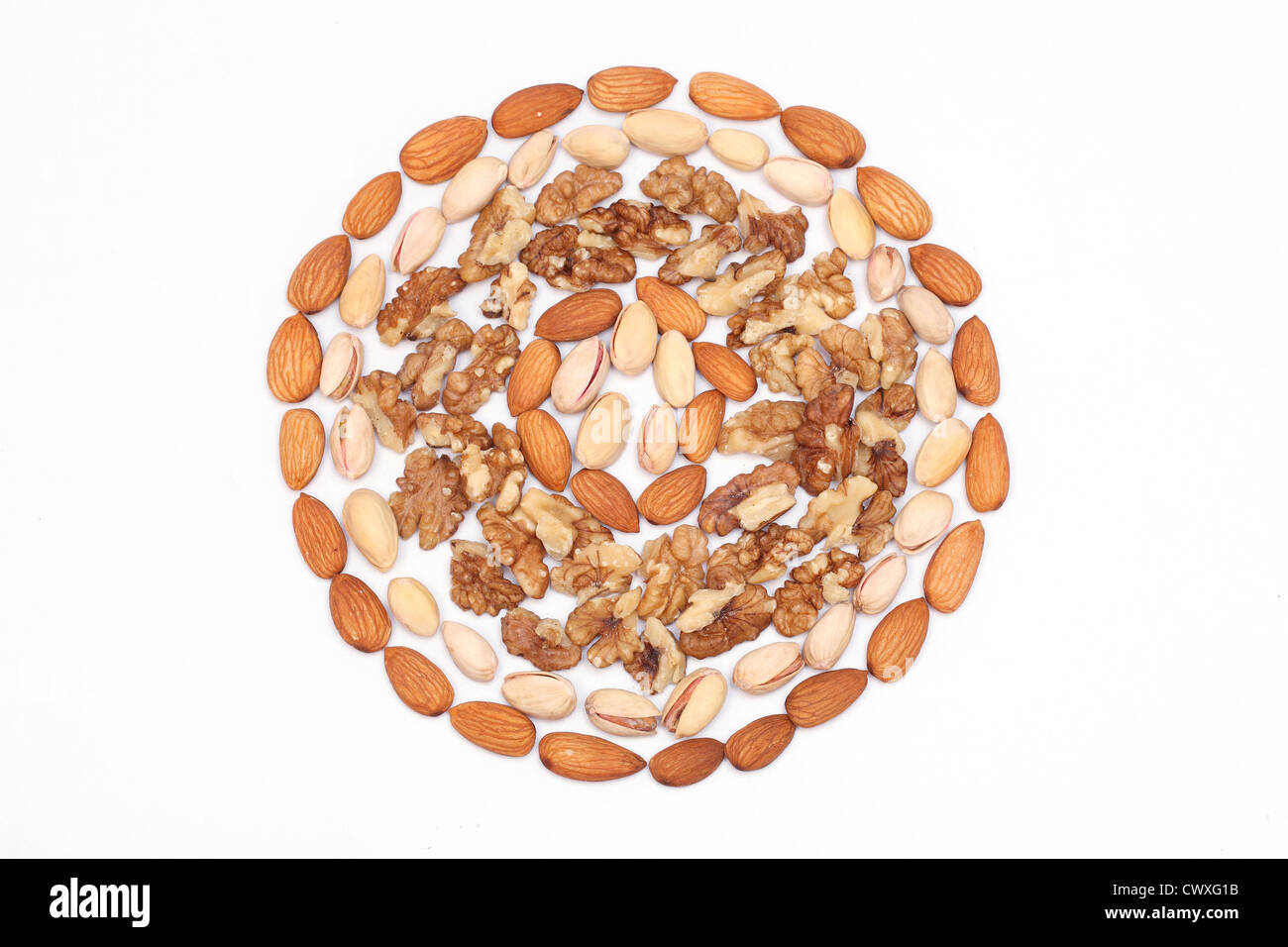 Almond,cashew and wallnuts are arranged on white background Stock Photo