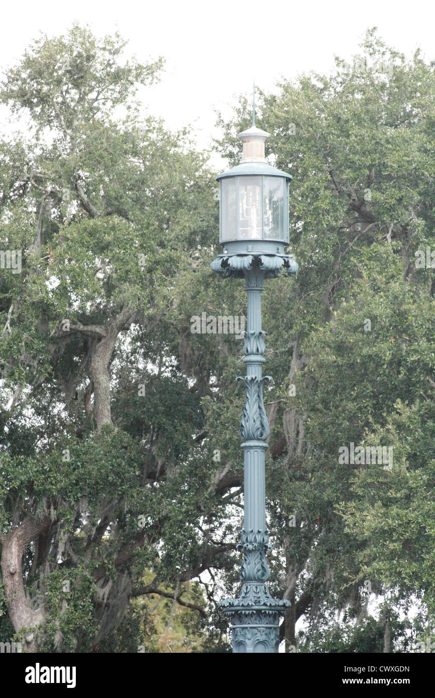 Old vintage antique street lamp light with oak trees moss in background portrait Stock Photo