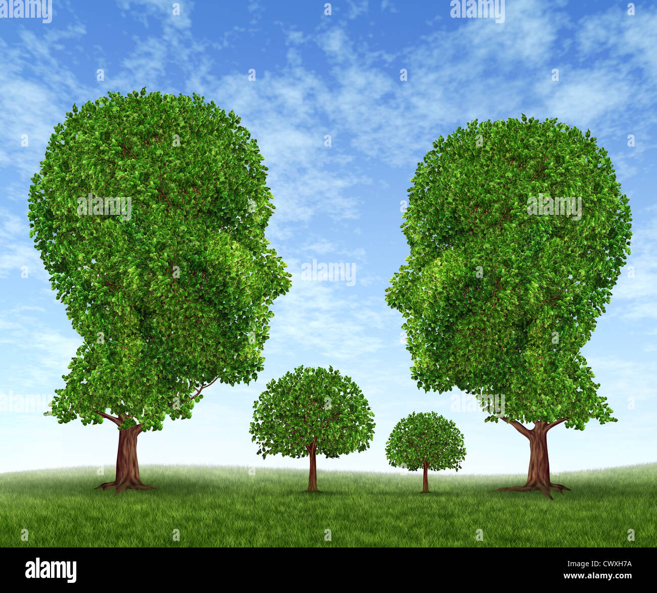 Growing family with a father mother son and daughter in the shape of tree symbols with green leaves on a blue sky showing the growth in domestic life relationship and the social challenges of the new society. Stock Photo