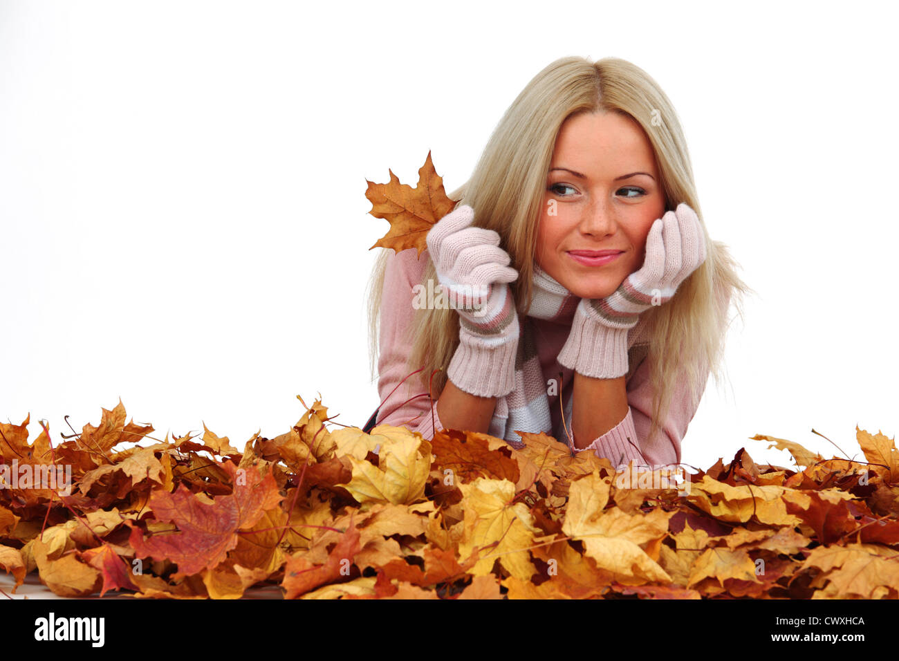 studio portrait of autumn woman in yellow leaves Stock Photo - Alamy