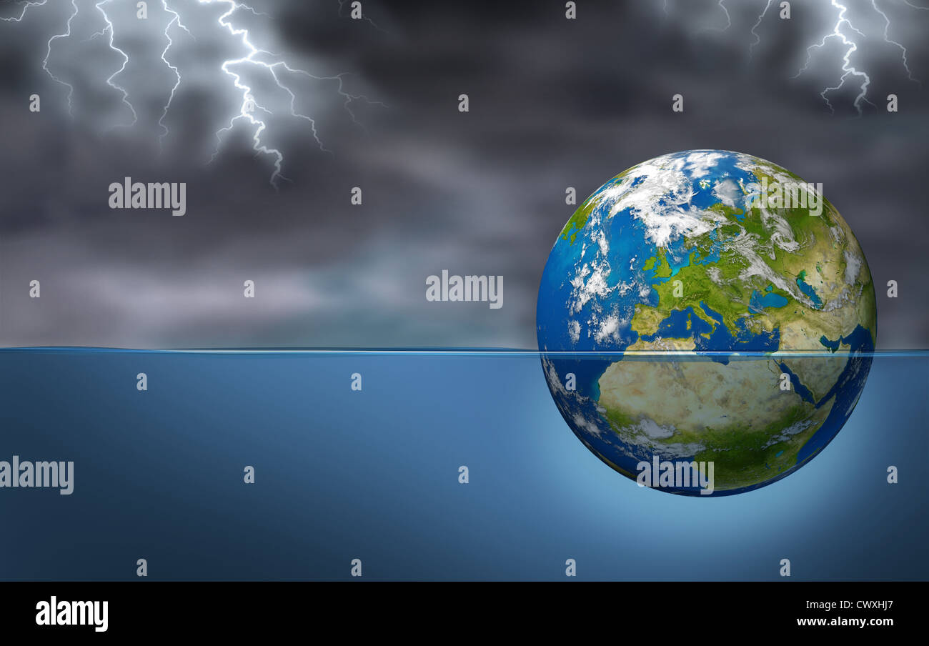 European Financial Crisis as an earth planet of European union drowning in debt sinking in water during a storm with lightning as an economic Euro debt warning and banking crisis with countries as France Italy Greece Spain Portugal elements of this image Stock Photo