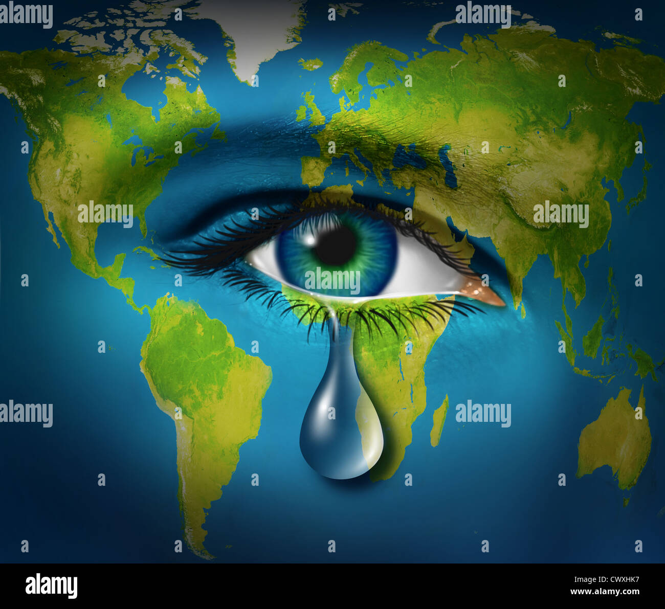 World poverty and natural disaster relief causing a refugee crisis from poor countries suffering from drought and war or regional conflicts resulting in famine as an earth map with a sad tear crying from an eye of a child, Stock Photo